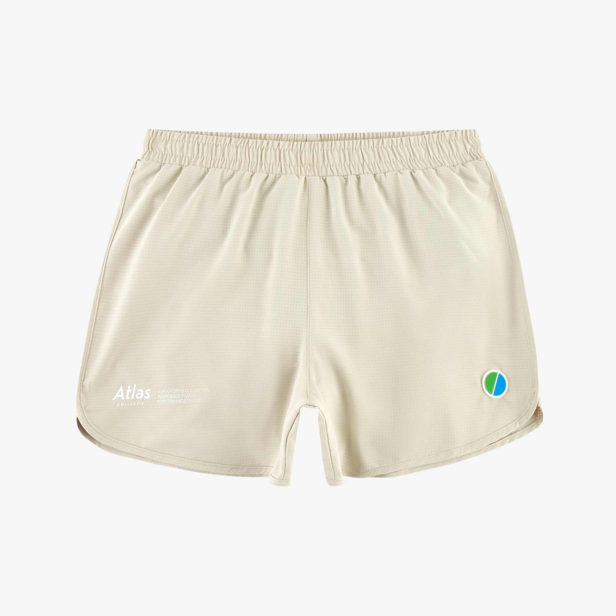 Beige Aeria Fortis Race 4" shorts for women, lightweight and quick-drying with zippered pocket.